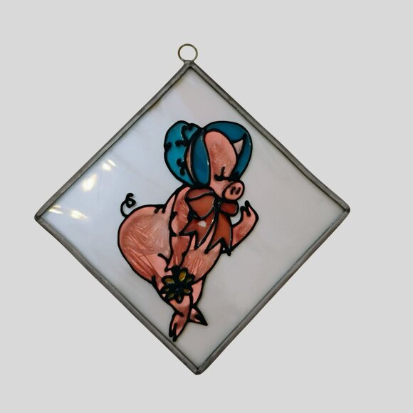 Stained Glass Pig Sun Catcher, Piglet in Blue Bonnet & Orange Bow 5" Suncatcher - Picture 5 of 6